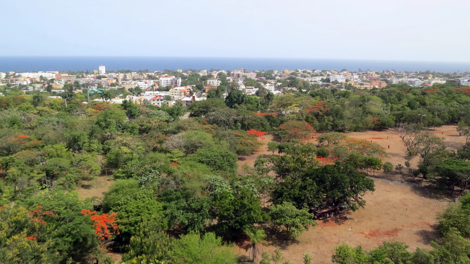 Vista elevada del Parque Mirador Sur en Santo Domingo, con árboles y un claro de tierra frente a la ciudad y el mar al fondo