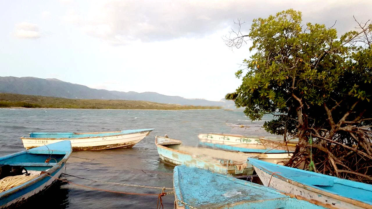 Botes de pescadores azules junto al mangle en Playa Monte Río, Azua, con la sierra al fondo